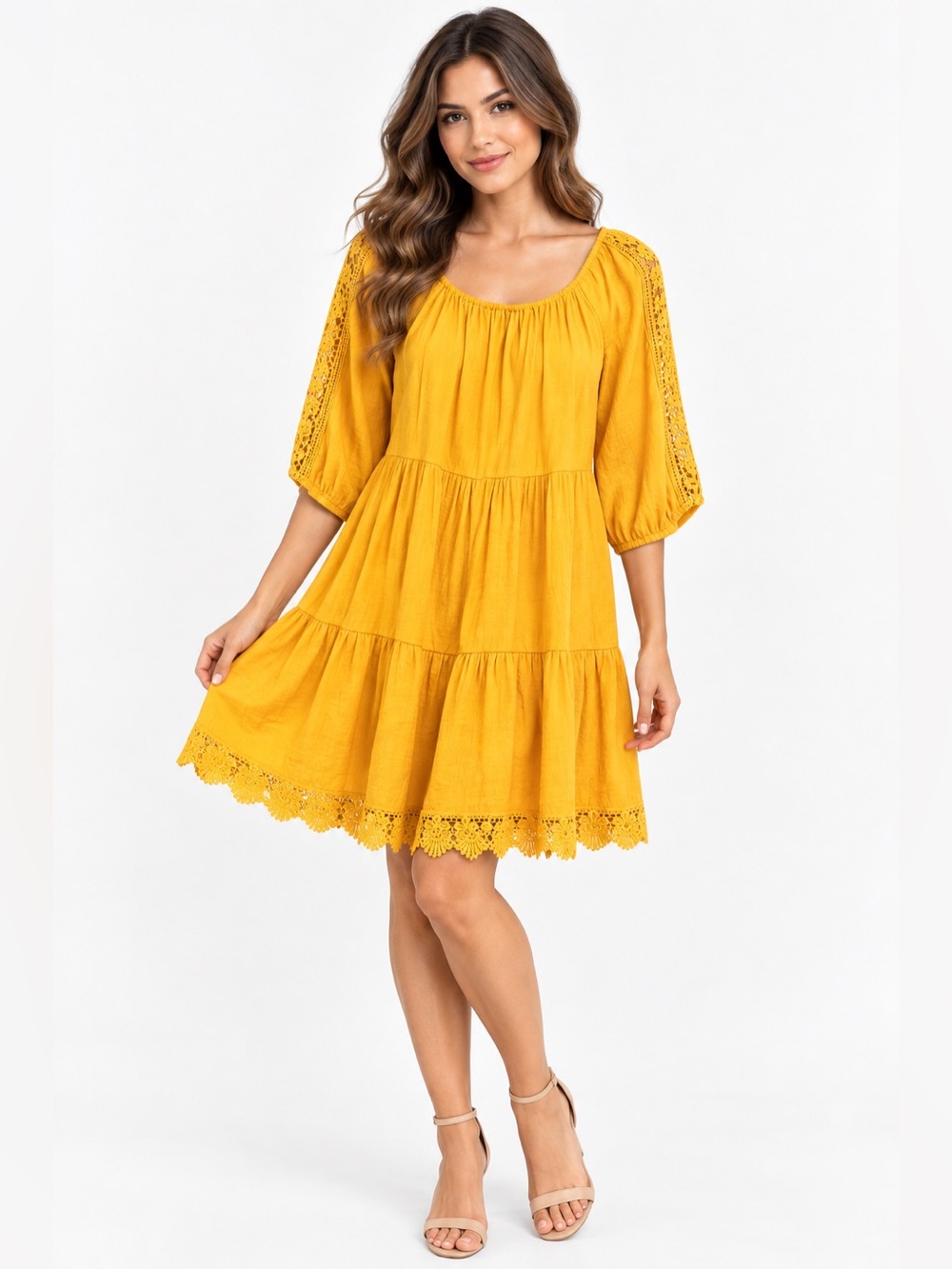 Indigo Rose Mustard Yellow Boho Dress Size L Tiered Lace Trim 3/4 Sleeve Flowy